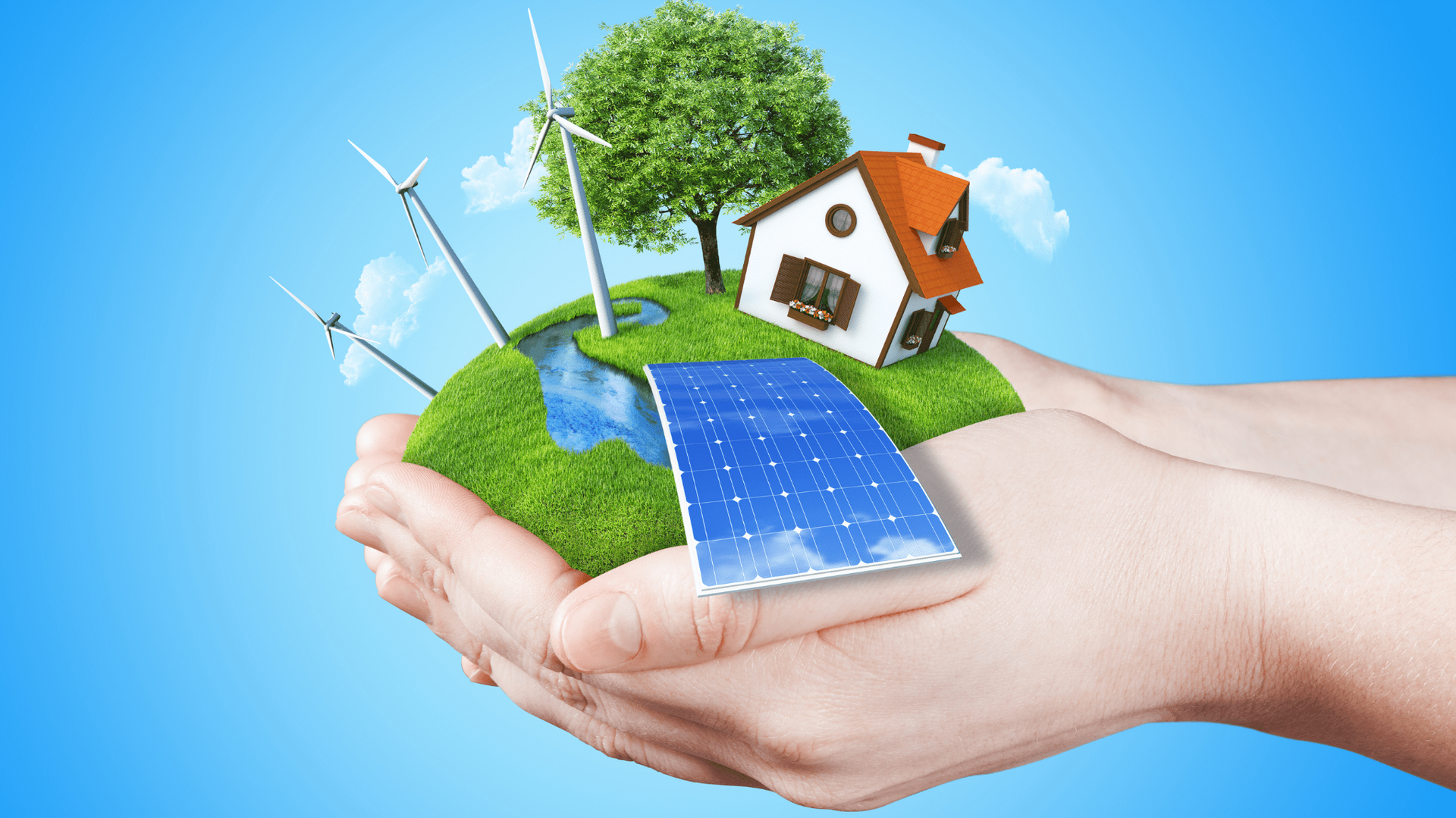 Hands holding a miniature green earth with a house, solar panel, wind turbines — OzEnergi in Caloundra West, QLD