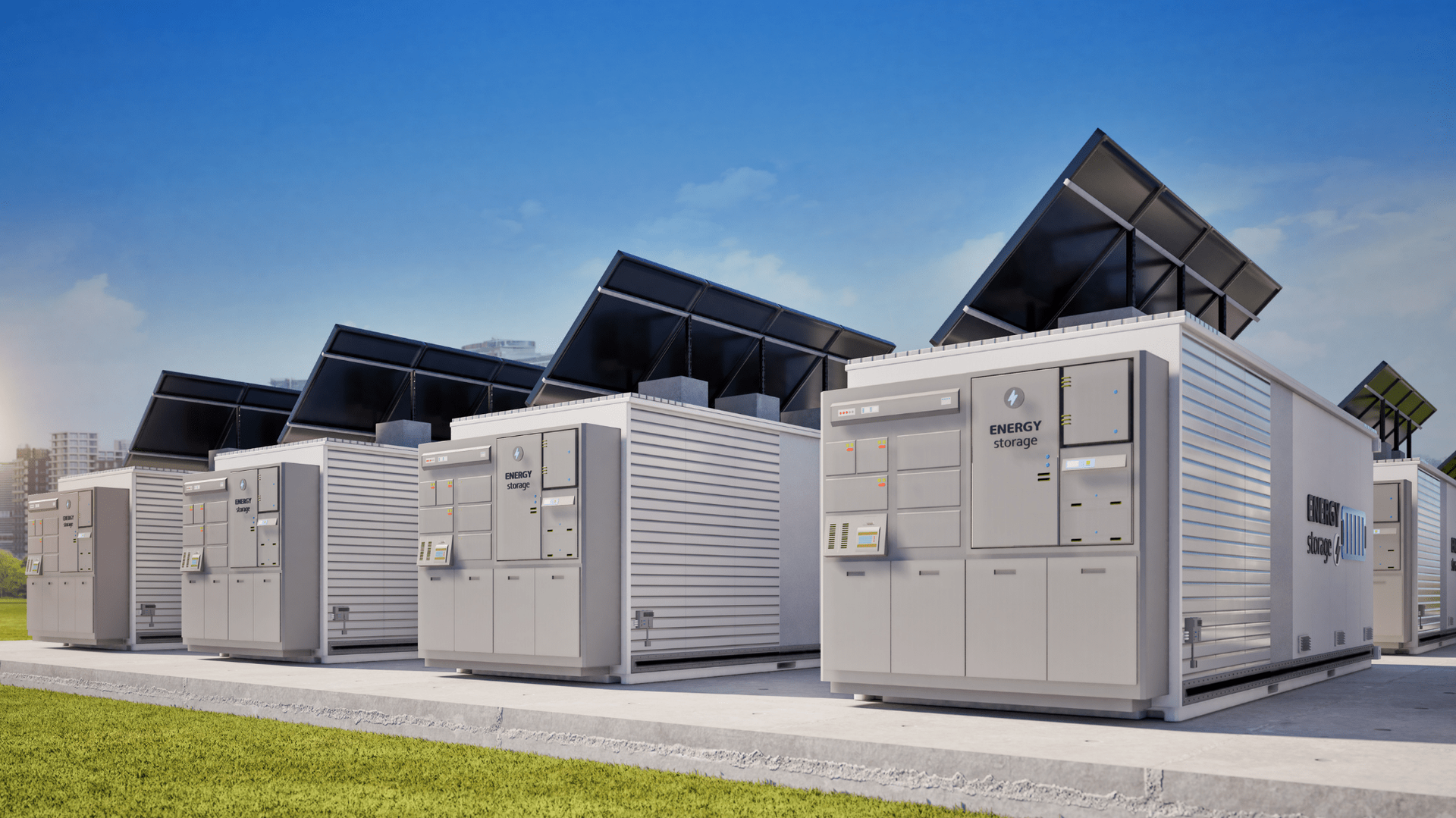 Battery energy storage system with solar panels, set against a blue sky. White storage units in a row