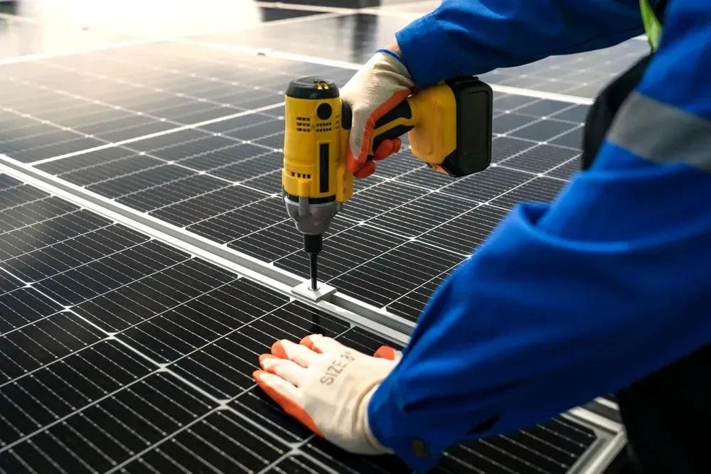 Person in blue uniform installing solar panel with a yellow drill and wearing gloves.  — OzEnergi in Beenleigh, QLD