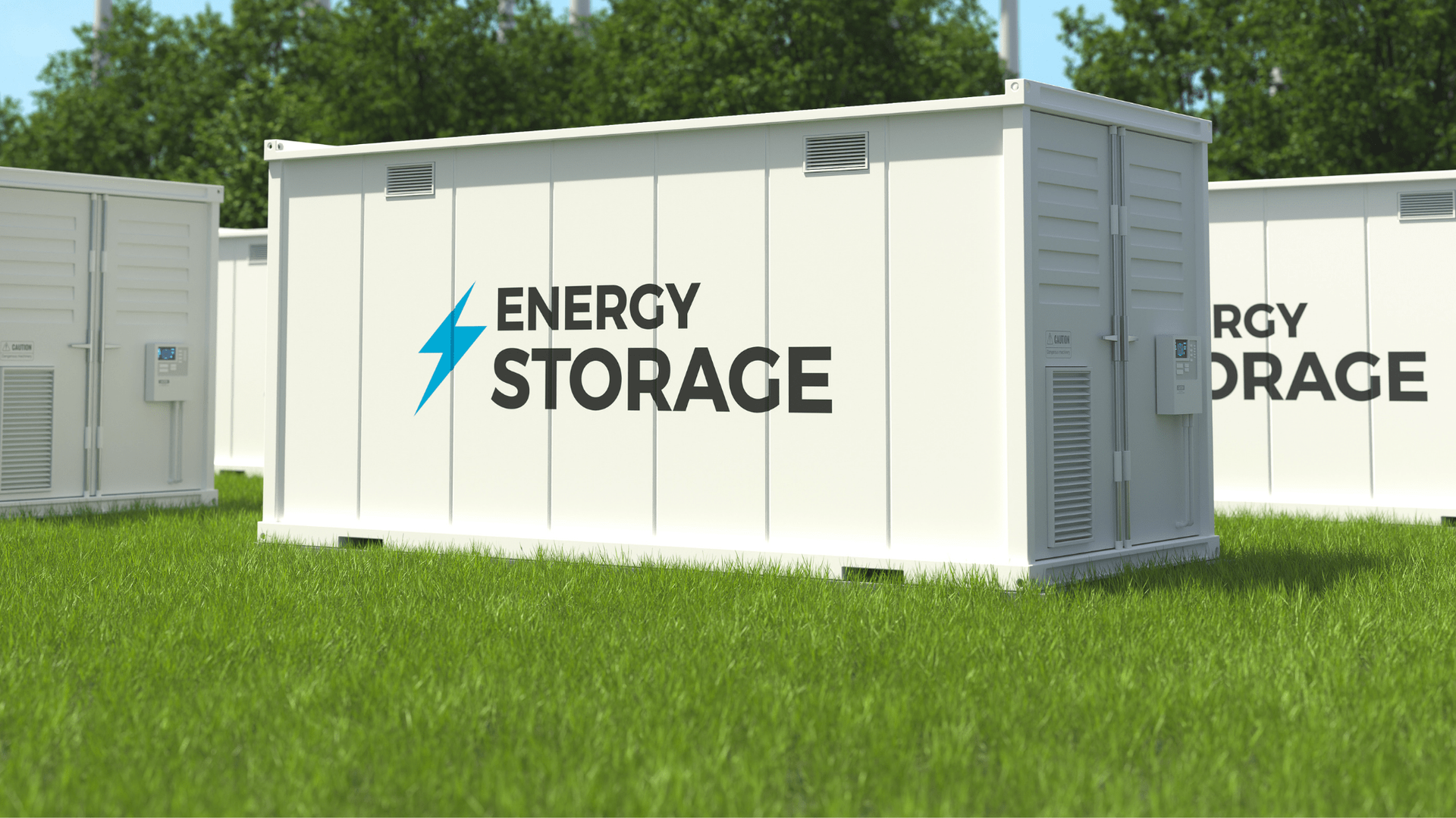 Energy storage containers on green grass with blue lightning bolt logo — OzEnergi in Caloundra West, QLD
