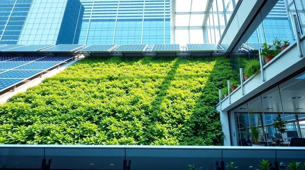 Green roof with solar panels and glass-walled building in urban setting. — OzEnergi in Hope Island, QLD