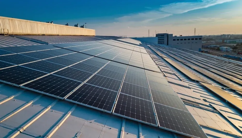 Solar panels on a building rooftop, angled towards the sun, blue sky backdrop. — OzEnergi in Beenleigh, QLD