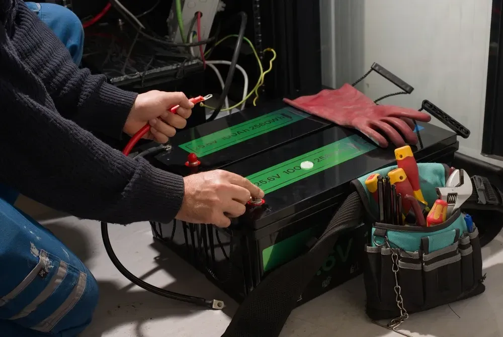 Person connecting cables to batteries; toolbox and gloves nearby in a utility room. — OzEnergi in Pimpama, QLD