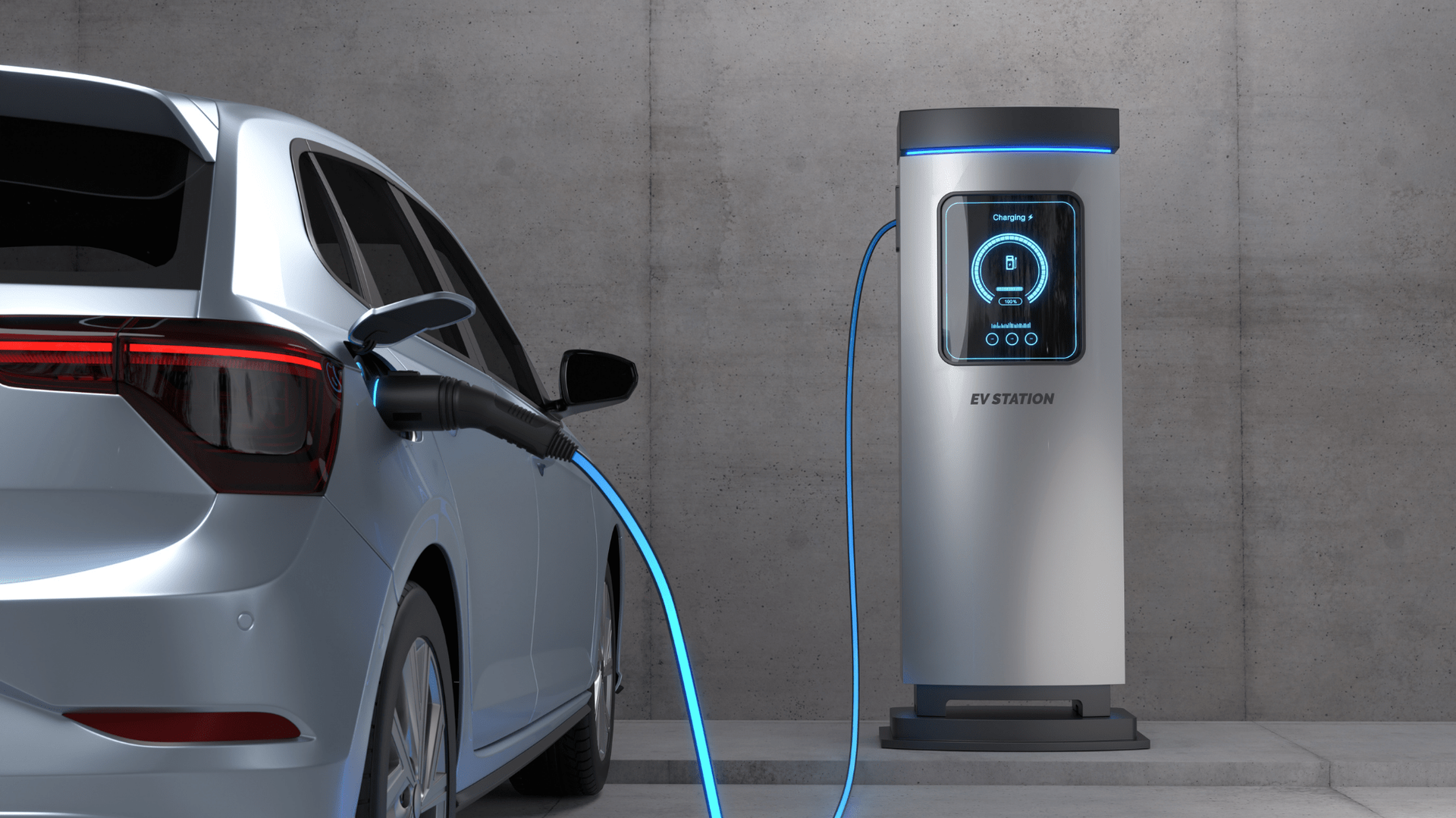 Electric car charging at a silver charging station, indoors. Blue cable connected — OzEnergi in Caloundra West, QLD