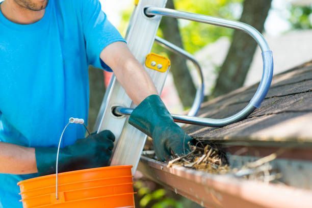A man is cleaning a gutter with a ladder and a bucket.