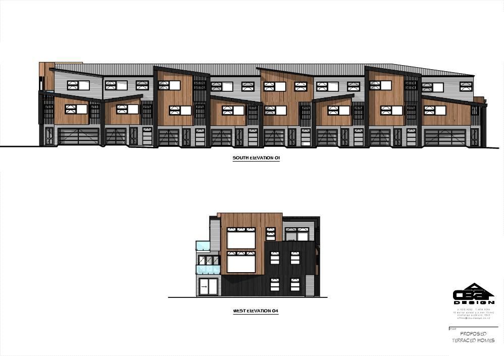 Architectural rendering of a modern row of townhouses with various exterior finishes; front and side elevations shown.