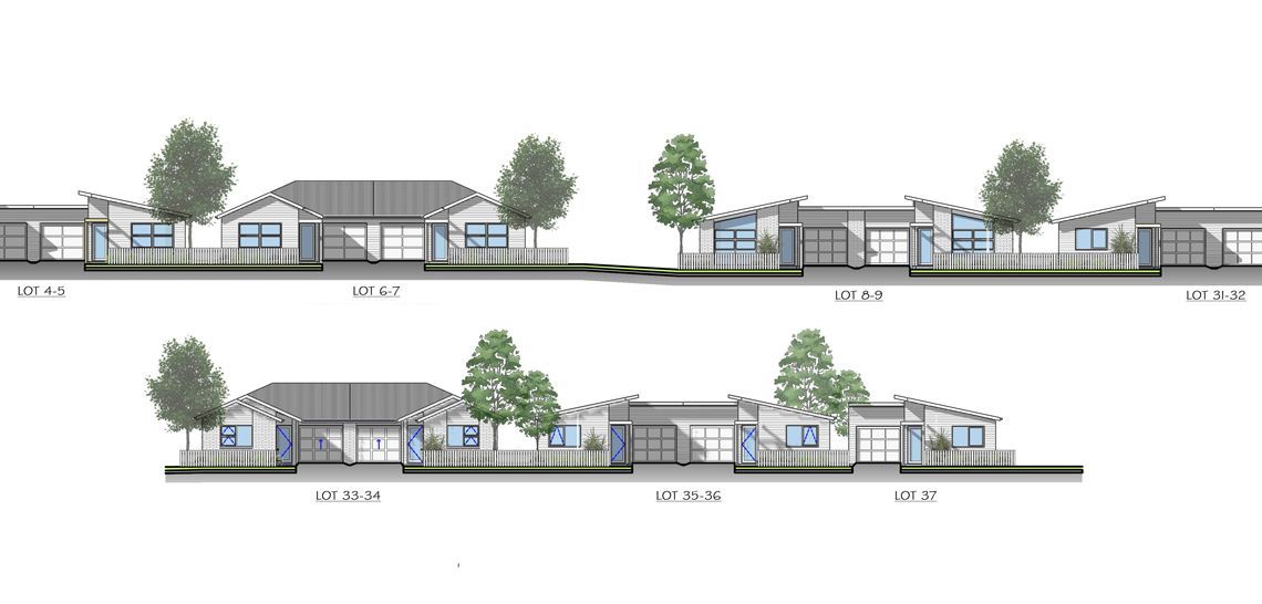 Architectural renderings of buildings with trees and fences.
