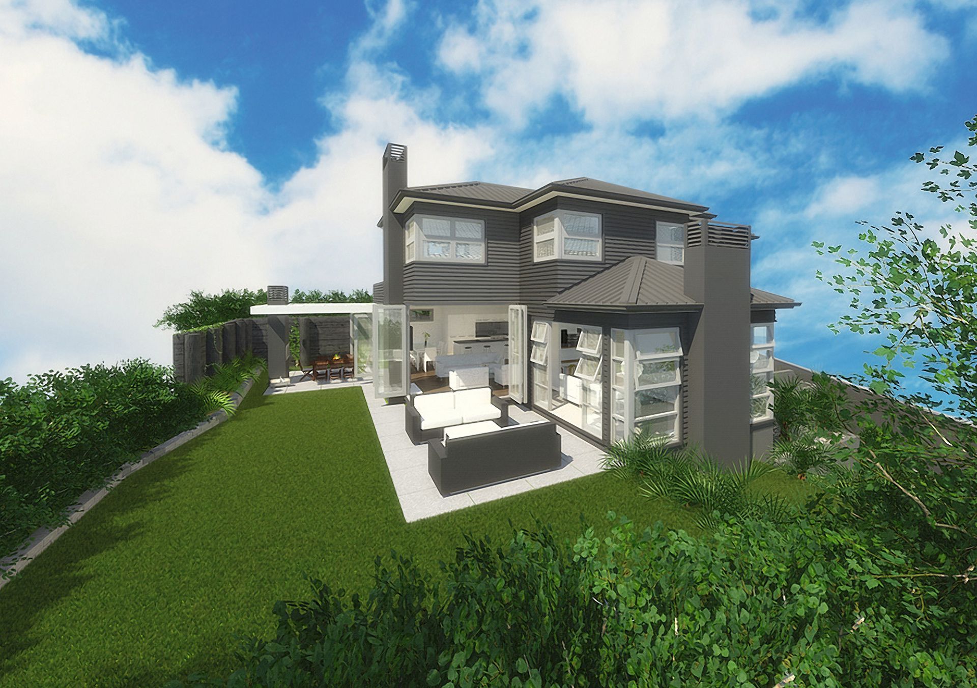 Two-story house with gray exterior, outdoor patio, and green lawn, nestled amongst lush greenery under a blue sky.
