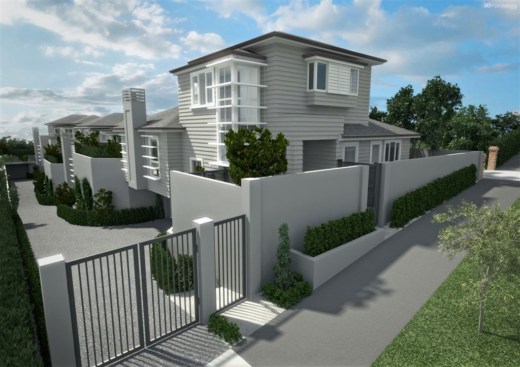 Gray multi-unit residential building with gated entrance and landscaping.