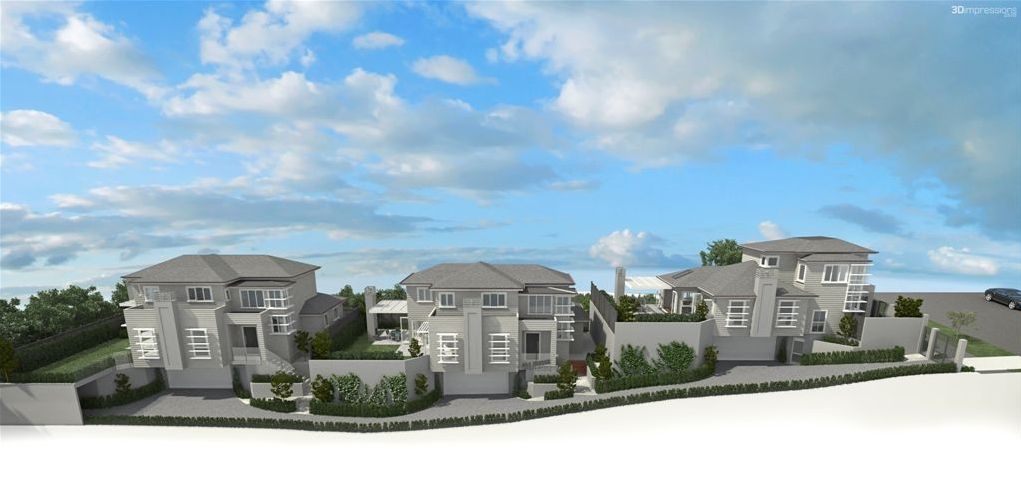 Architectural rendering of several modern homes under a blue sky with fluffy clouds.