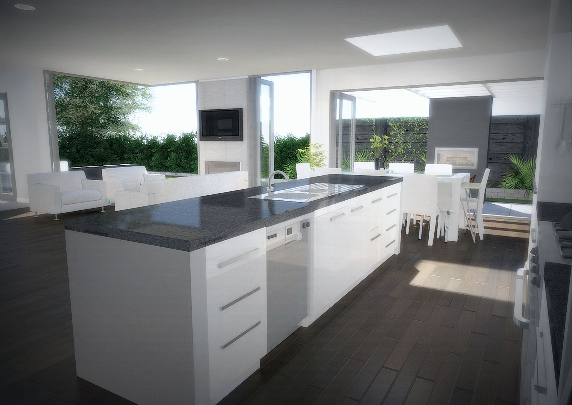 Modern white kitchen with a dark countertop island. Large windows open to an outdoor patio area.