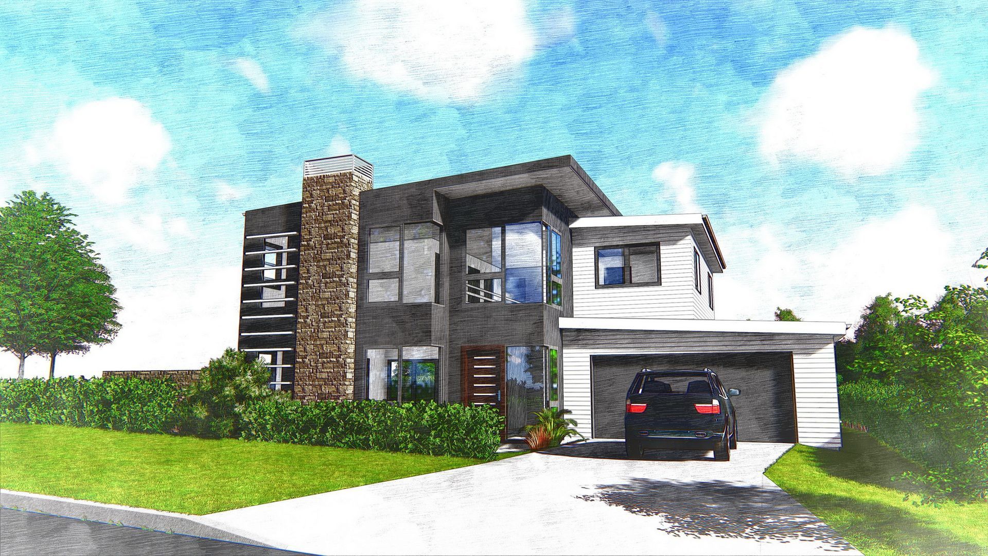 Modern two-story house with gray facade, stone chimney, and attached garage. Black SUV in driveway, sunny day.