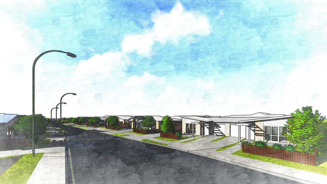 Sketch of a street with modern houses, streetlights, trees, and blue sky with clouds.