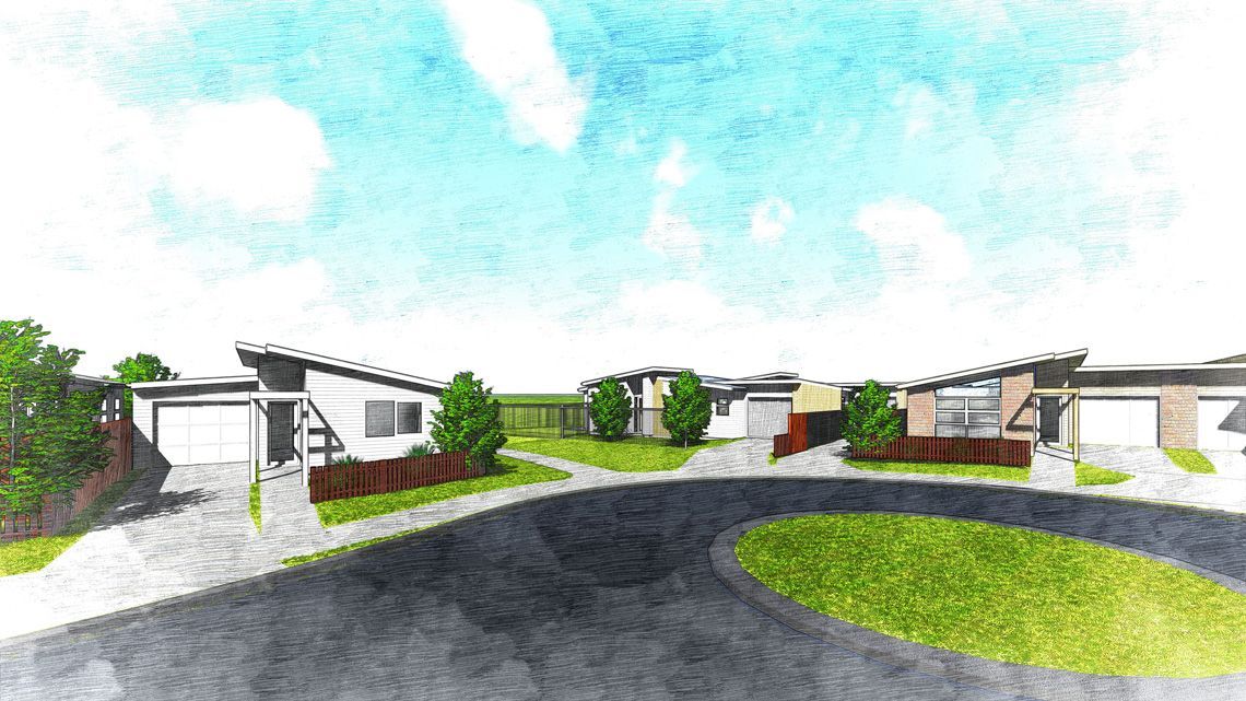 Modern homes with angled roofs, on a circular drive with grass, under a bright blue watercolor sky.