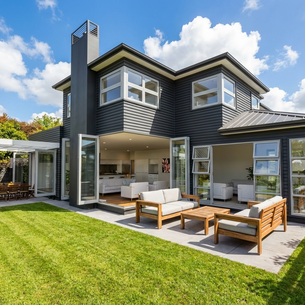 Brick house with attached garage, red brick driveway, blue sky with contrails.