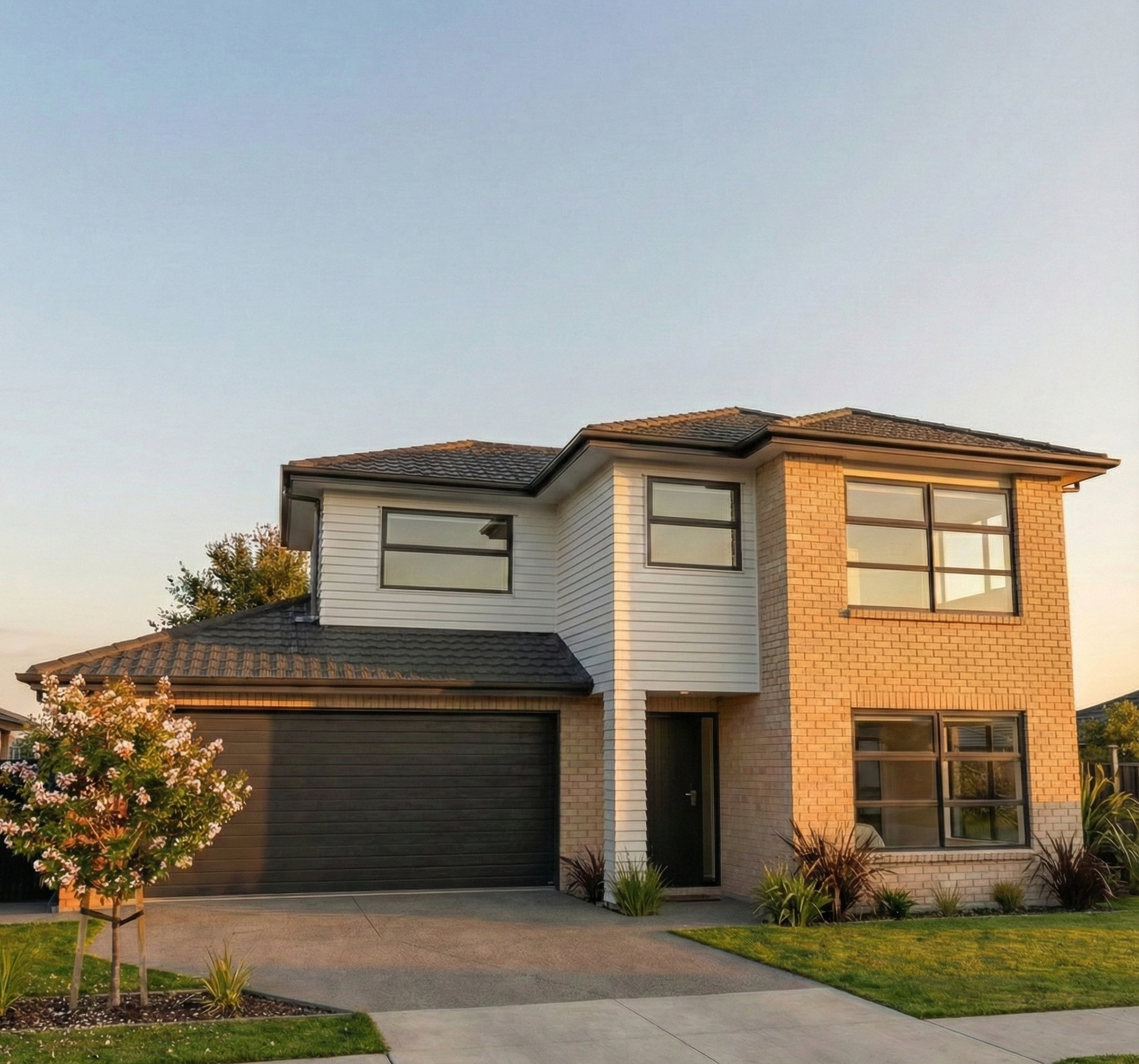 single story, vertical ship lap timber cladding, beautiful landscaped garden