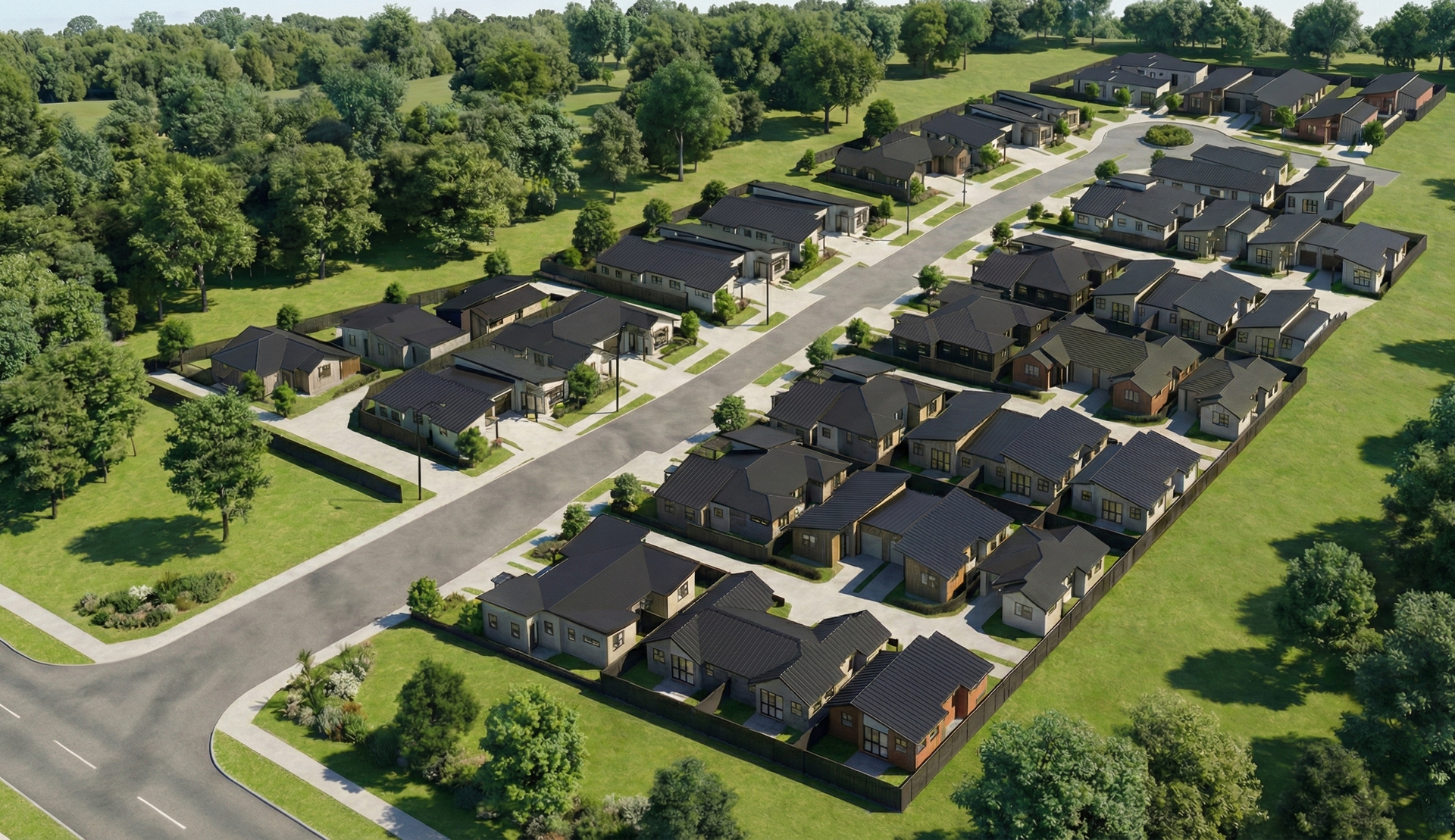 Two modern houses with gray exteriors under a blue sky.