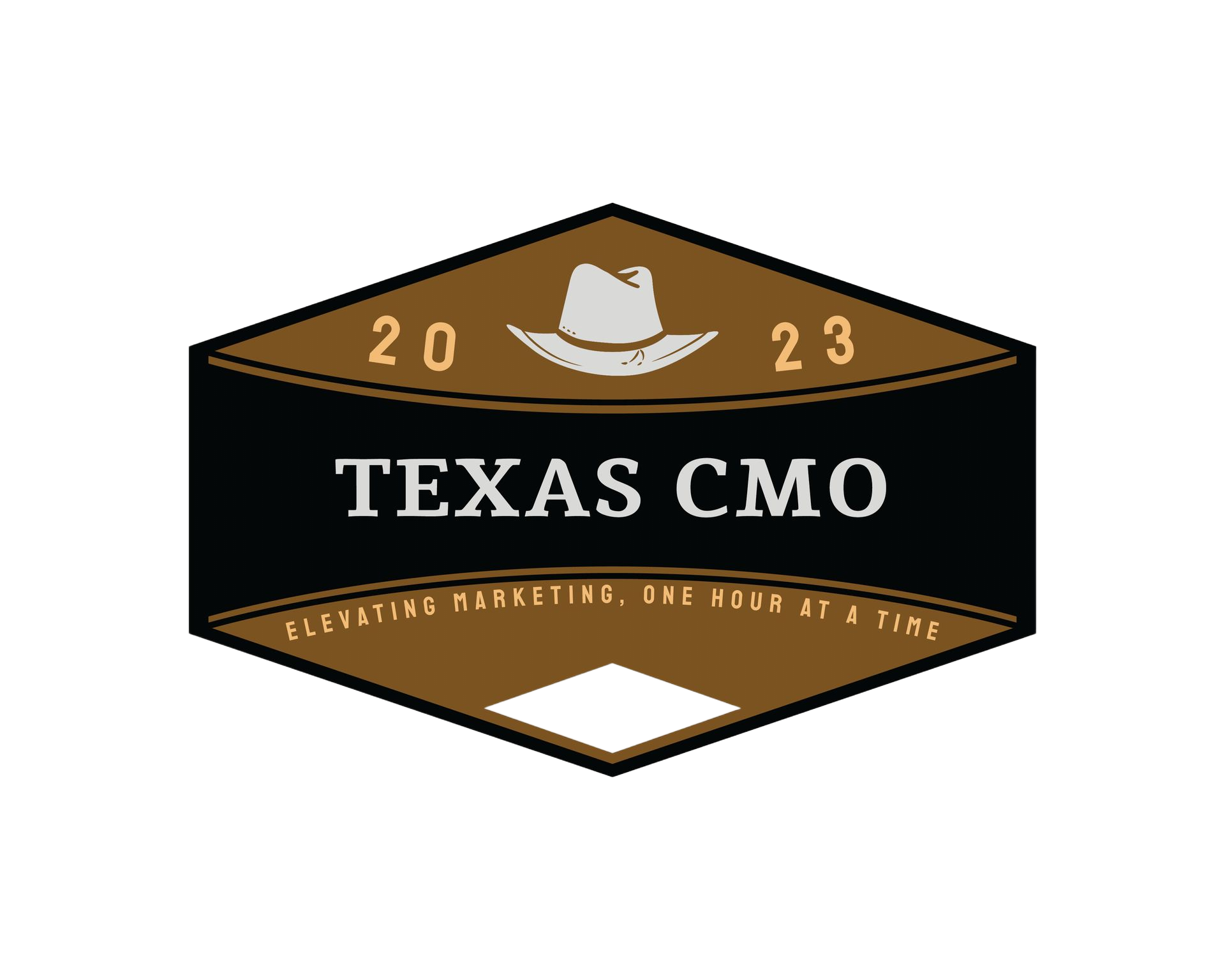 Logo for Texas CMO. Brown and black hexagon with cowboy hat and text