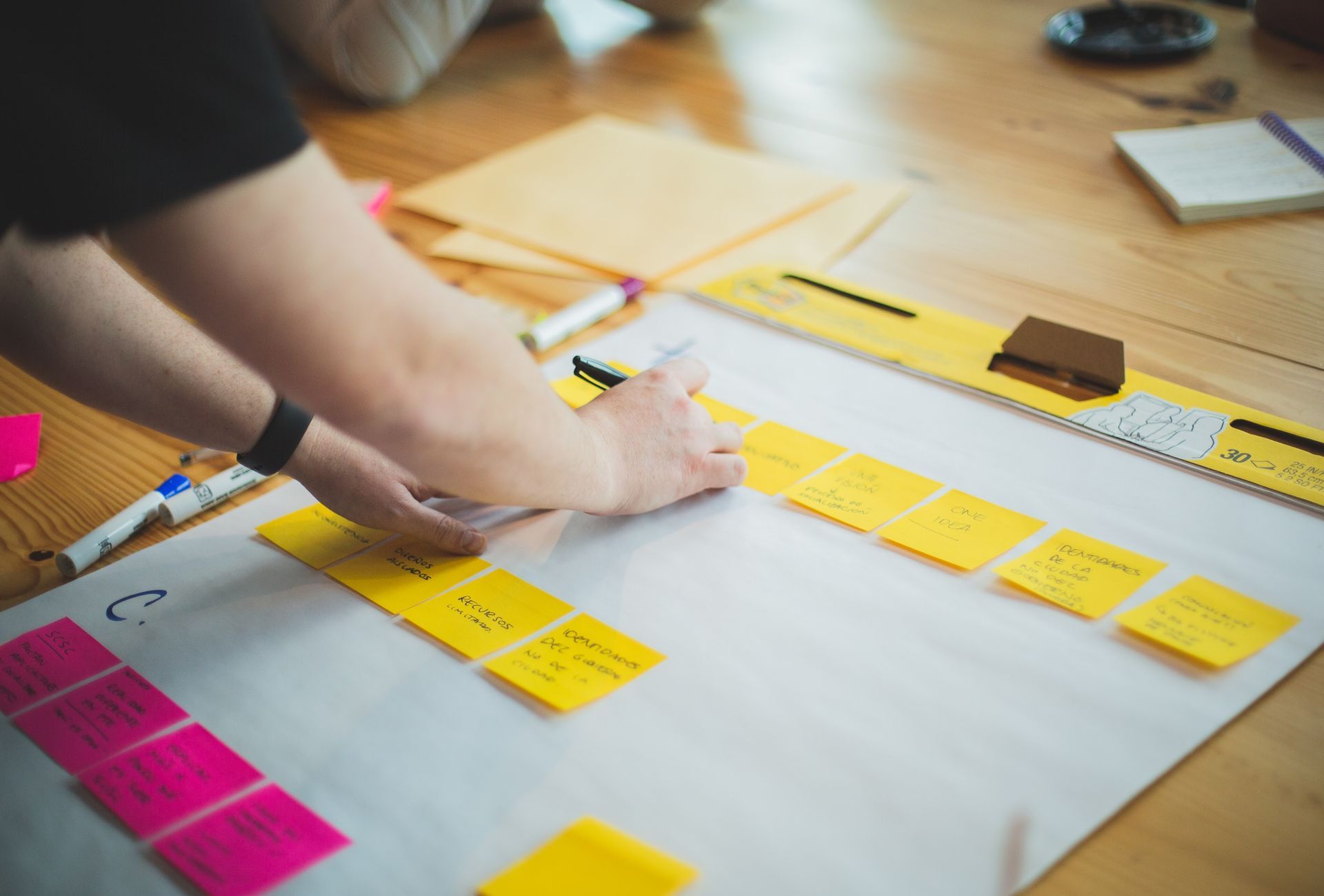 Hands arranging yellow sticky notes on a white paper, with a ruler and markers on a wooden table.
