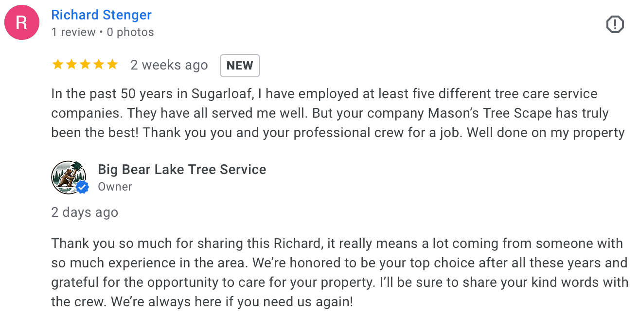 Review about stump removal and yard cleanup in Big Bear Lake, CA.