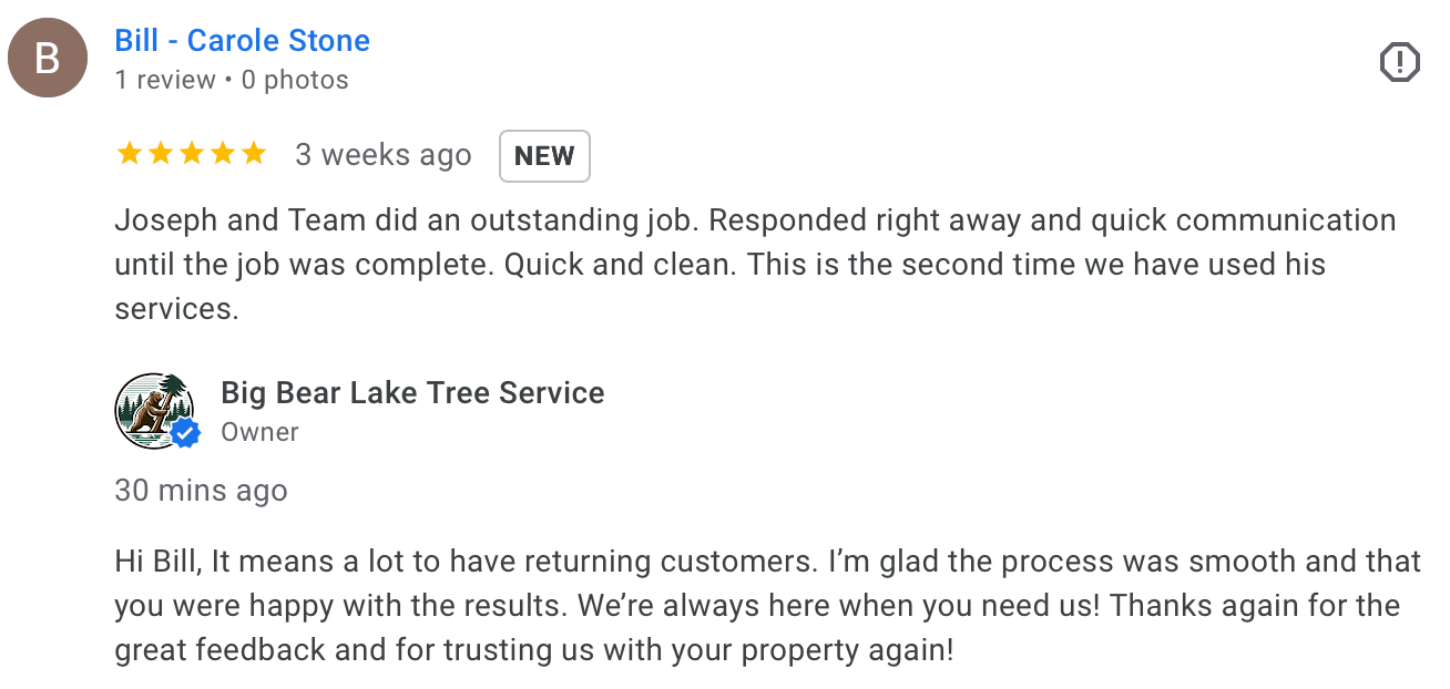 Screenshot of a satisfied customer recommending Big Bear Lake Tree Service.