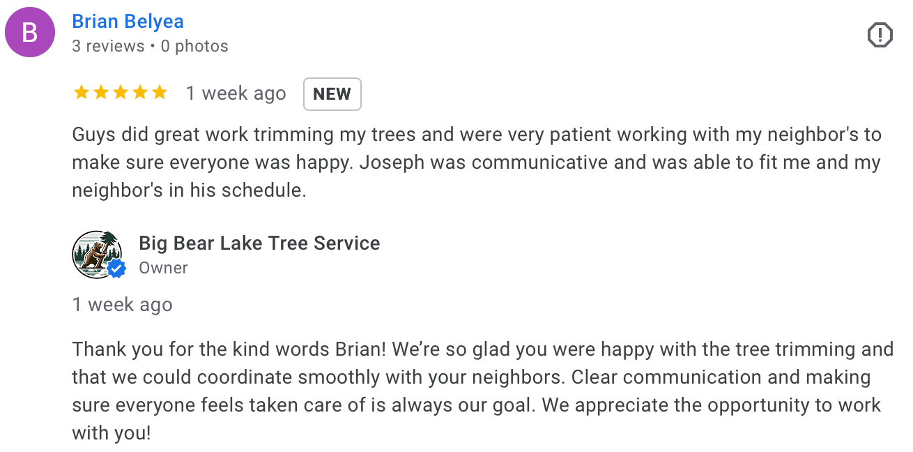 Screenshot of Crestline customer review about prompt and professional tree service.