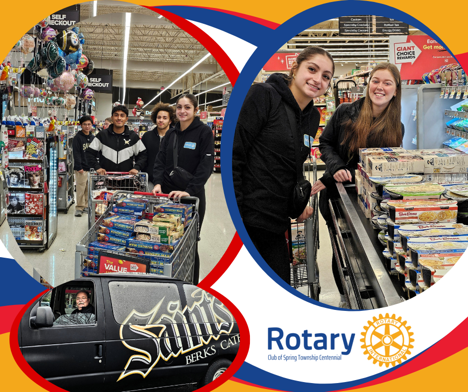 A group of people in a grocery store with a rotary logo