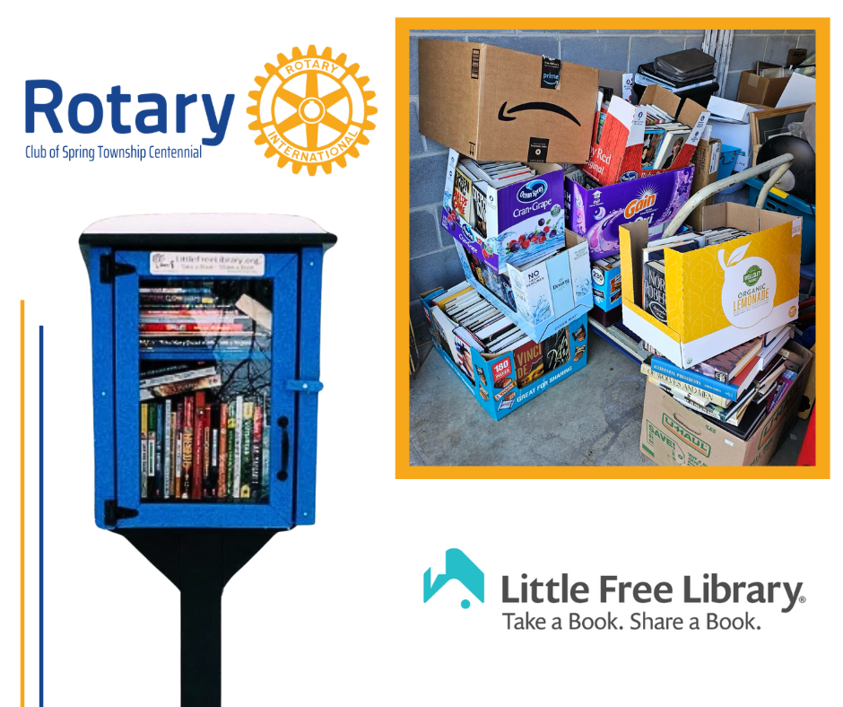 A blue box filled with books next to a picture of a pile of books.