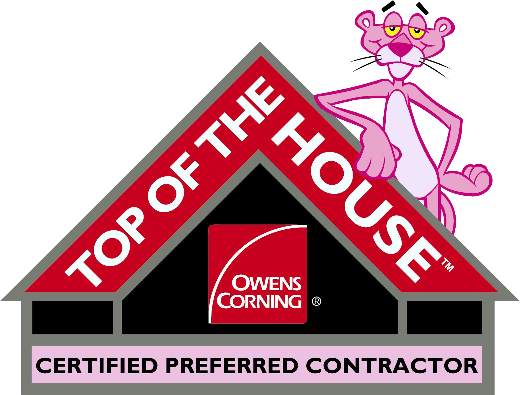 Top of the house certified preferred contractor logo with pink panther