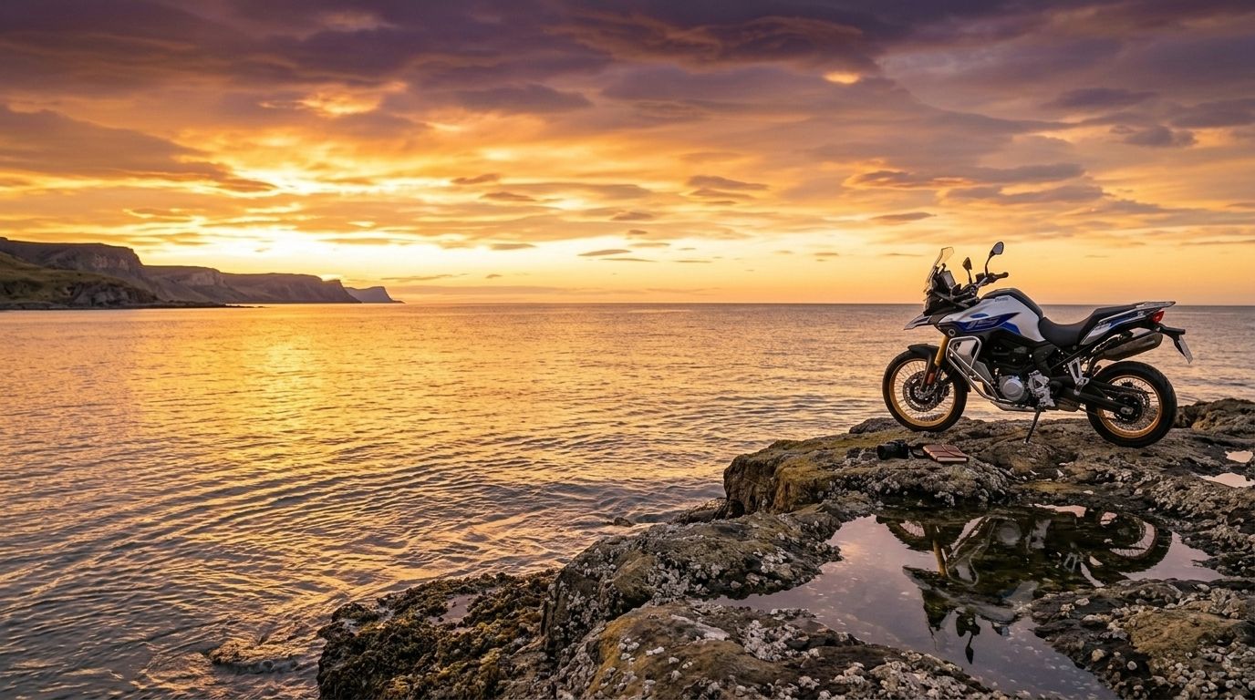 Motocicleta estacionada na costa rochosa ao pôr do sol, com o céu dourado refletido na água calma.
