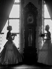 Black and white photo of two brides