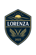 Dark blue and gold shield logo reading “LORENZA” with sunburst, wheat, and “2025”