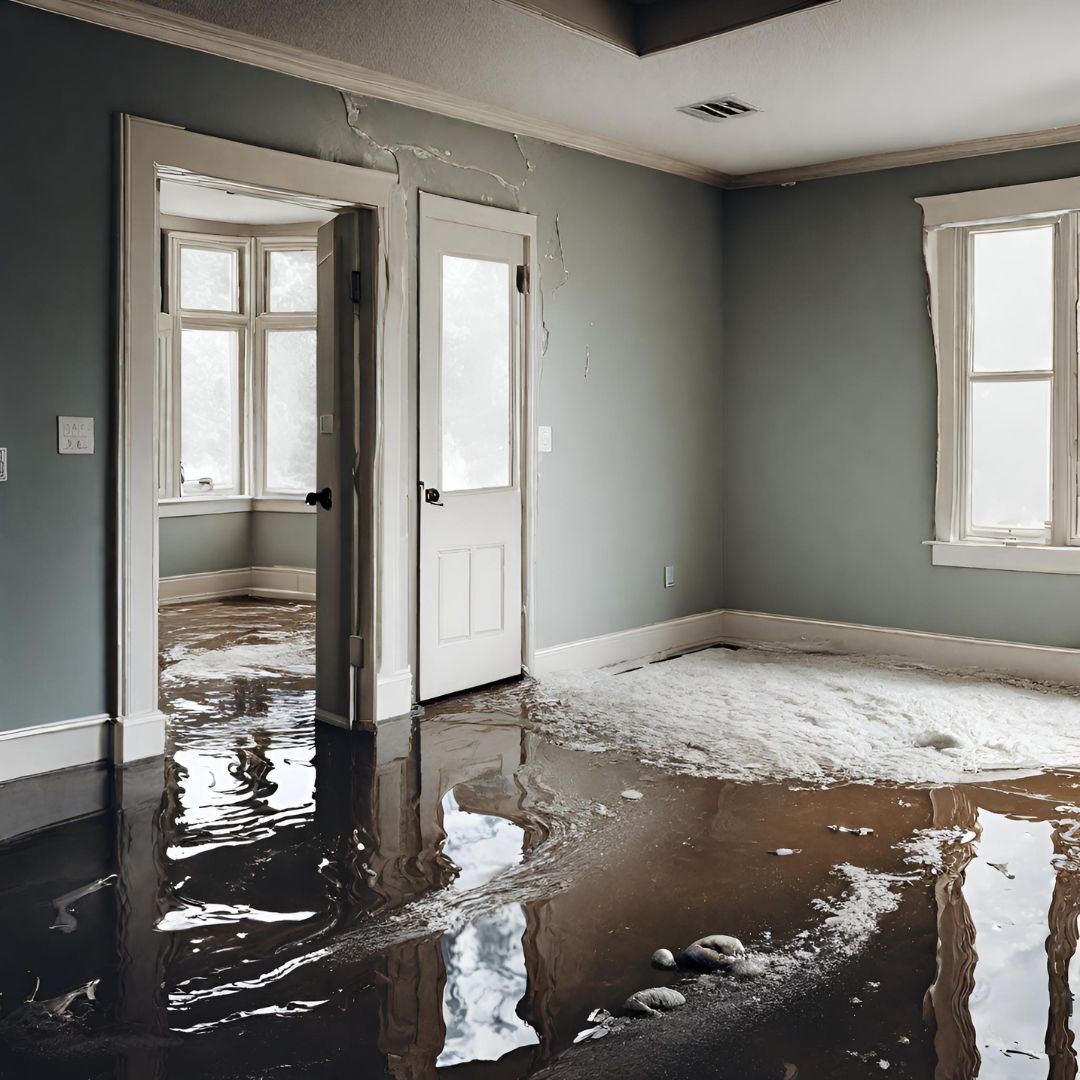 A flooded room with water covering the floor. White doors and windows frame the scene with pale blue walls.