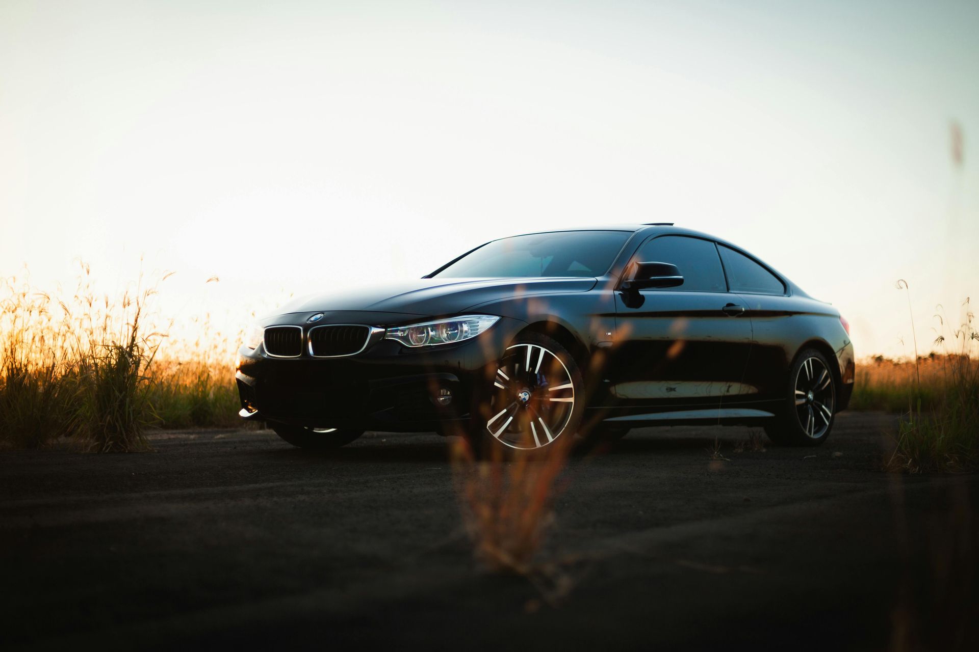 A black bmw is parked on the side of the road in a field.