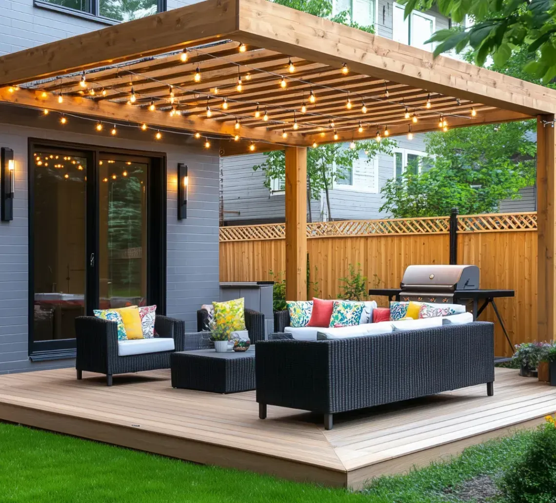 Modern backyard patio with black wicker seating, pergola lights, and a wooden privacy fence