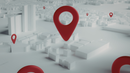White 3D city map with red location pins marking multiple spots, including a large central pin