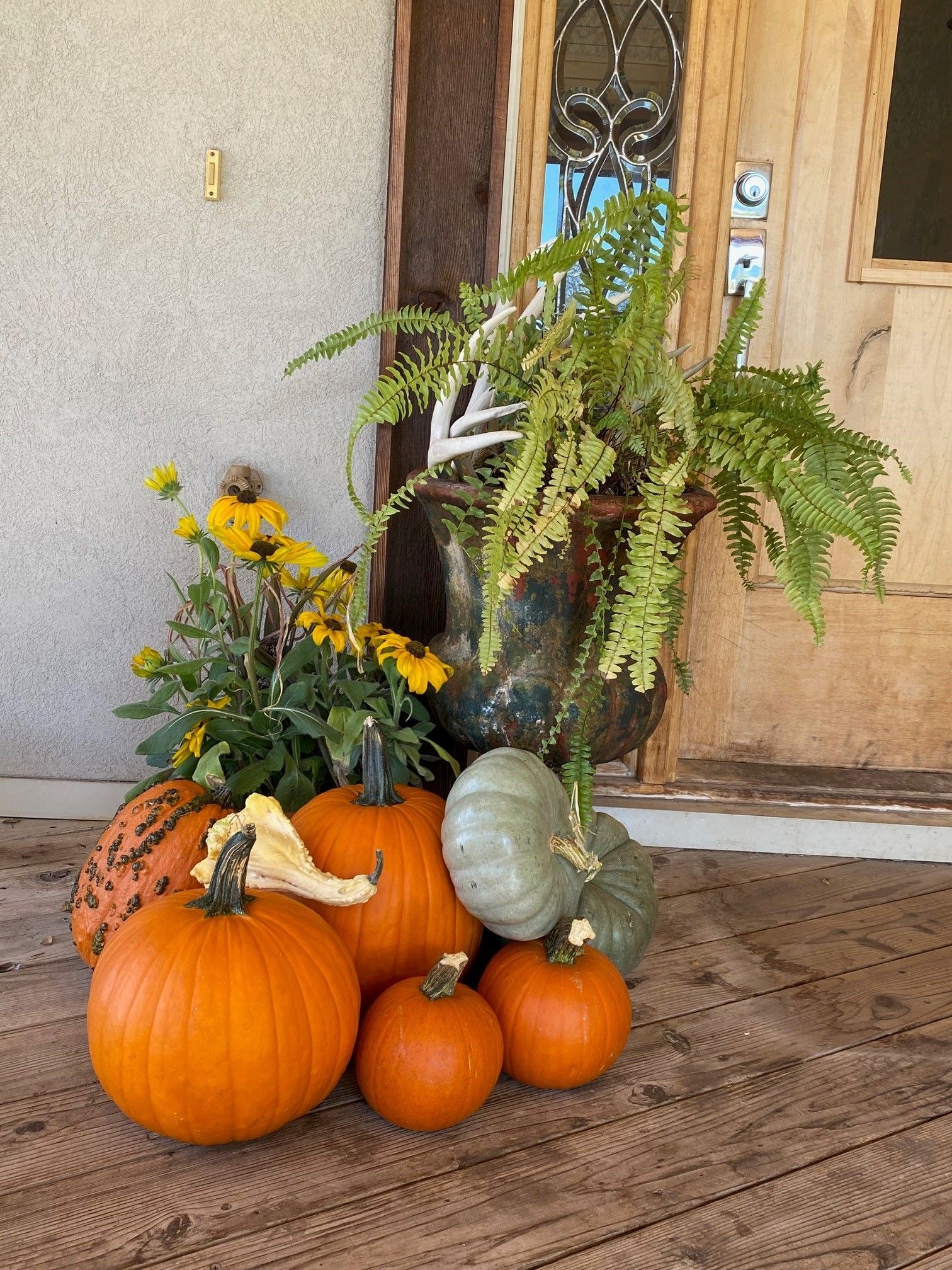 A bunch of pumpkins and flowers are sitting on a porch.