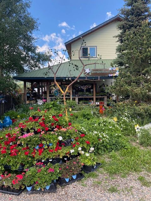 A nursery building with a green roof, featuring rows of colorful potted flowers in the foreground.