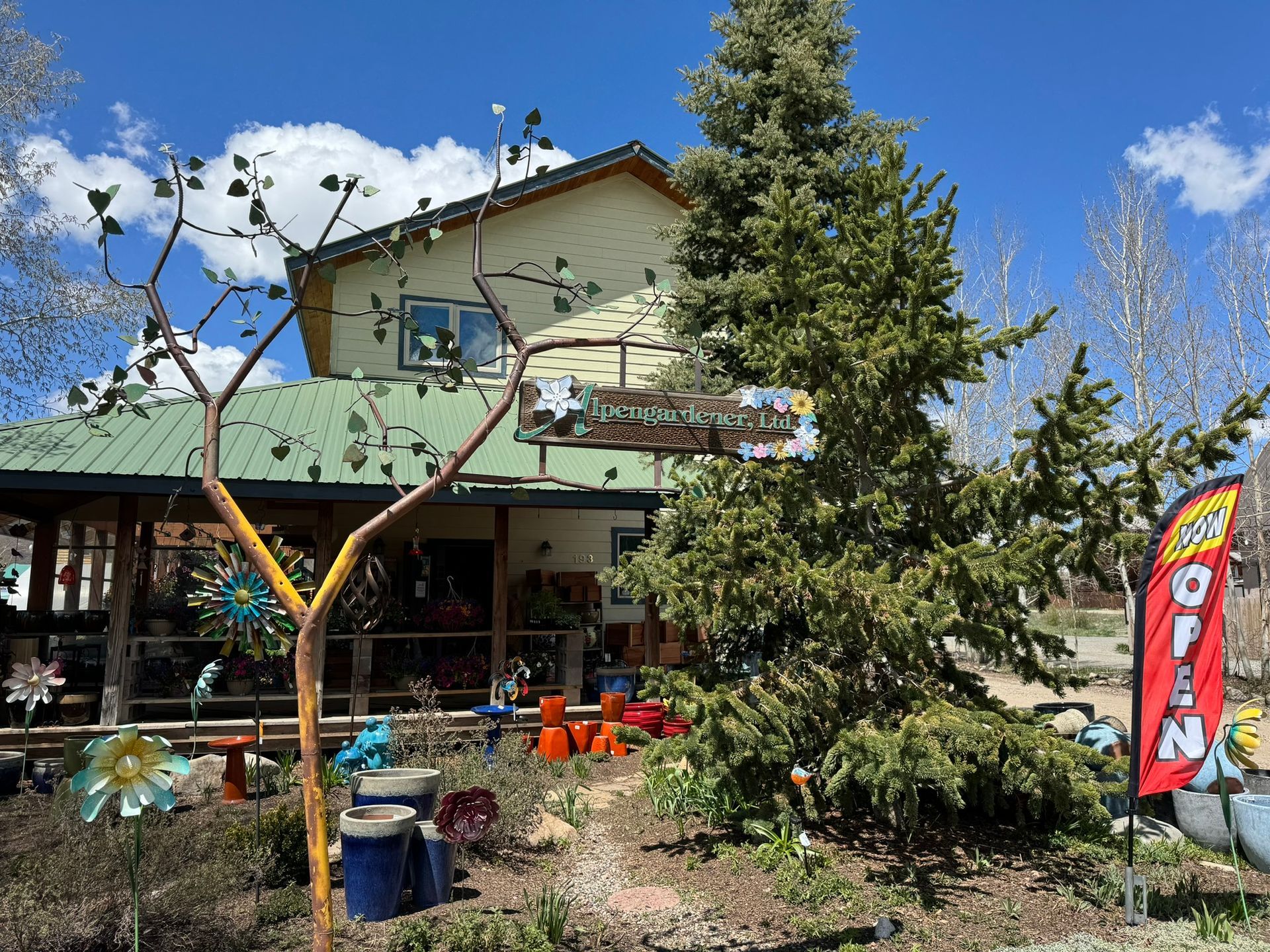 A house with a green roof and a large tree in front of it.