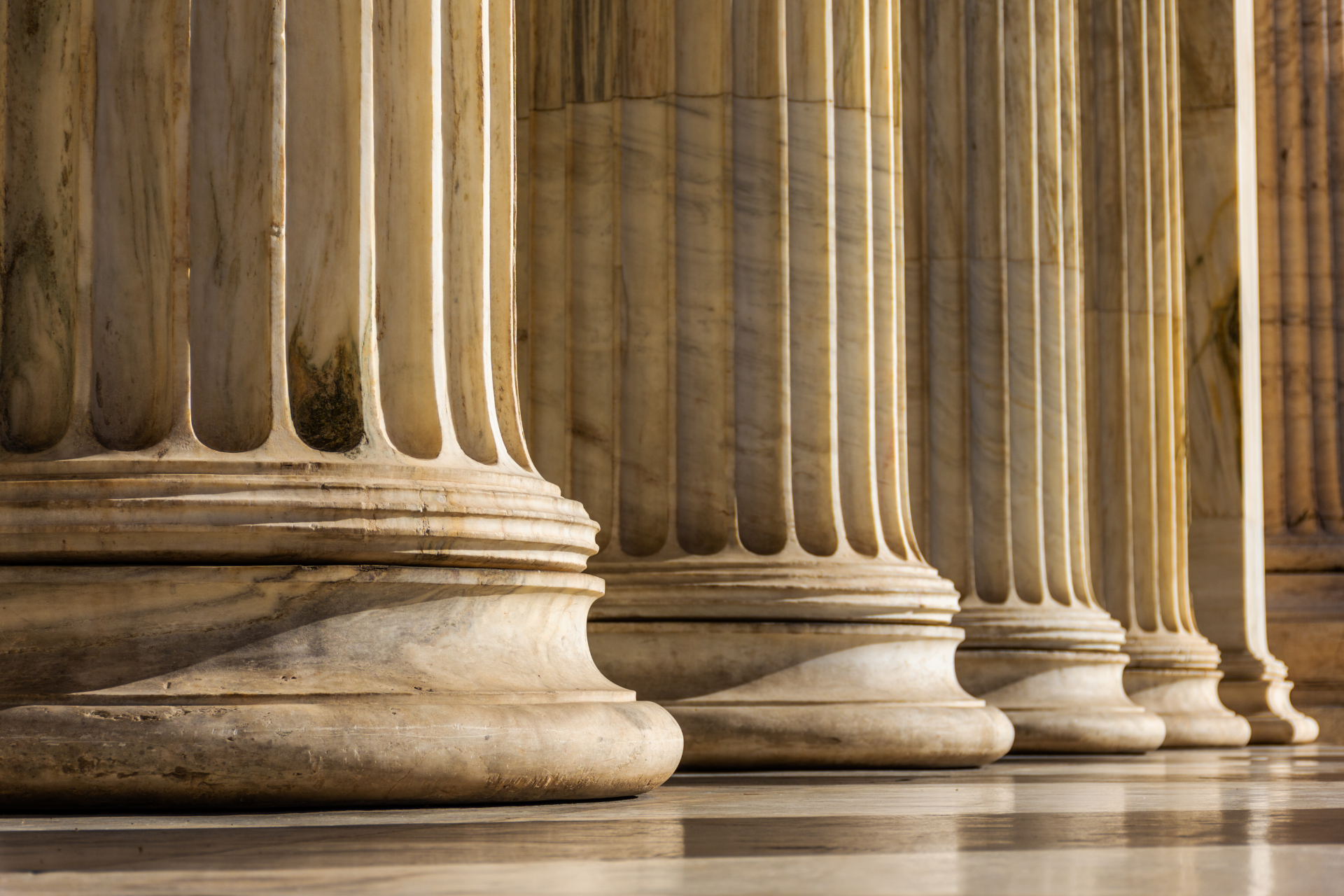 A row of columns are lined up in front of a building.