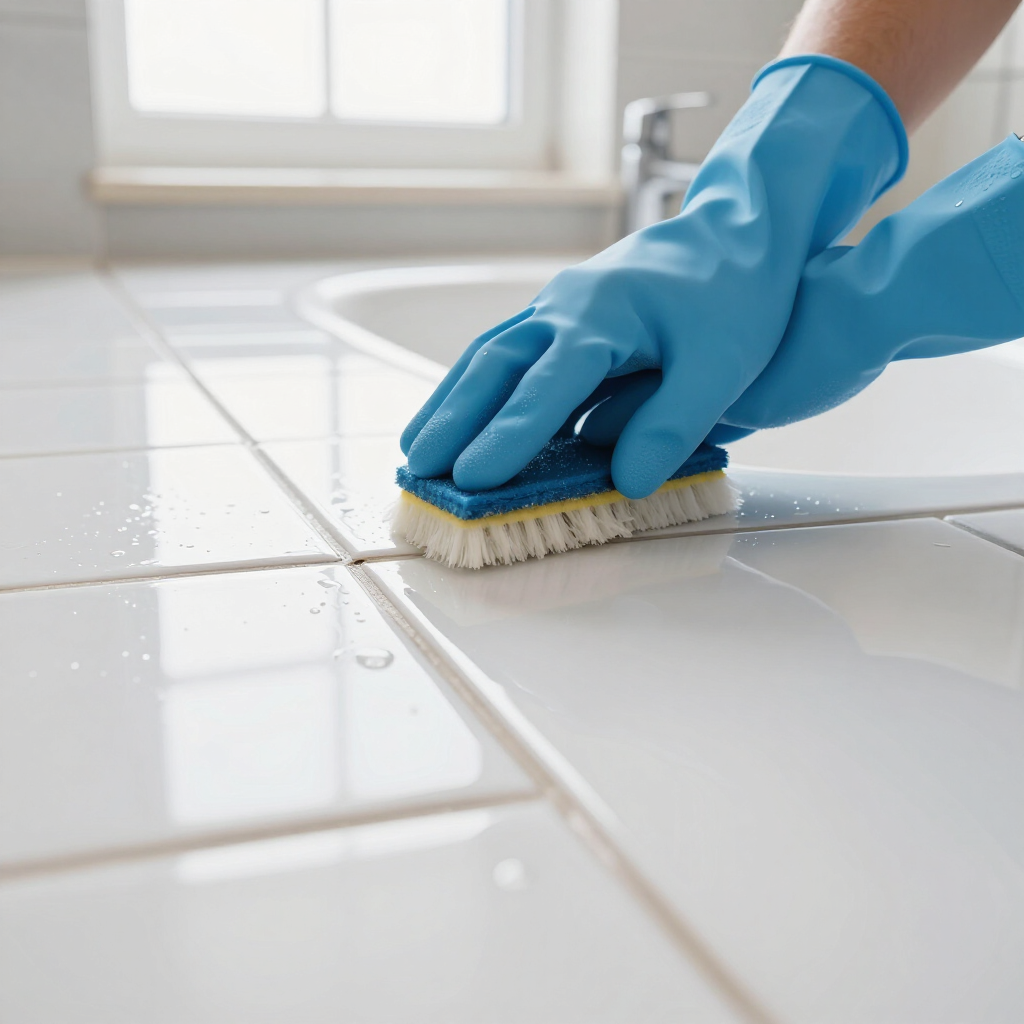 A man is cleaning a carpet with a brush and spray bottle.