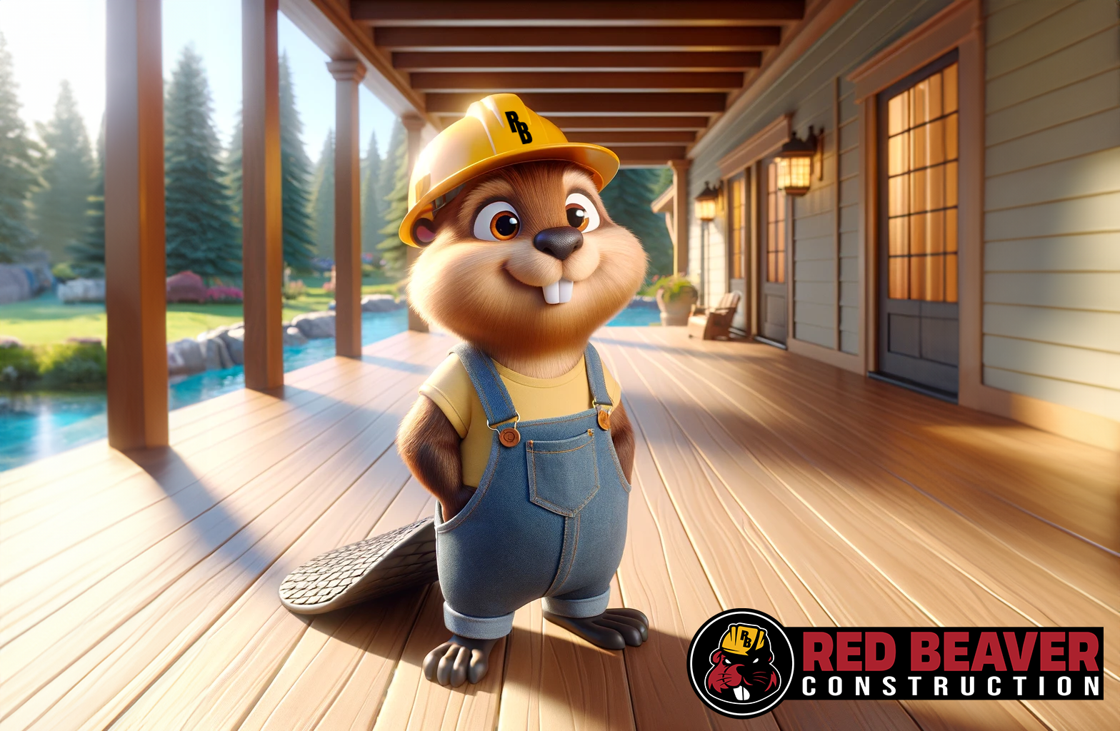 Red Beaver Construction mascot standing proudly on a newly constructed deck.