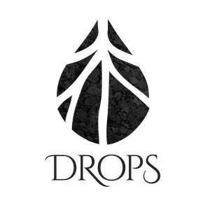 Un logotipo en blanco y negro que dice gotas sobre él
