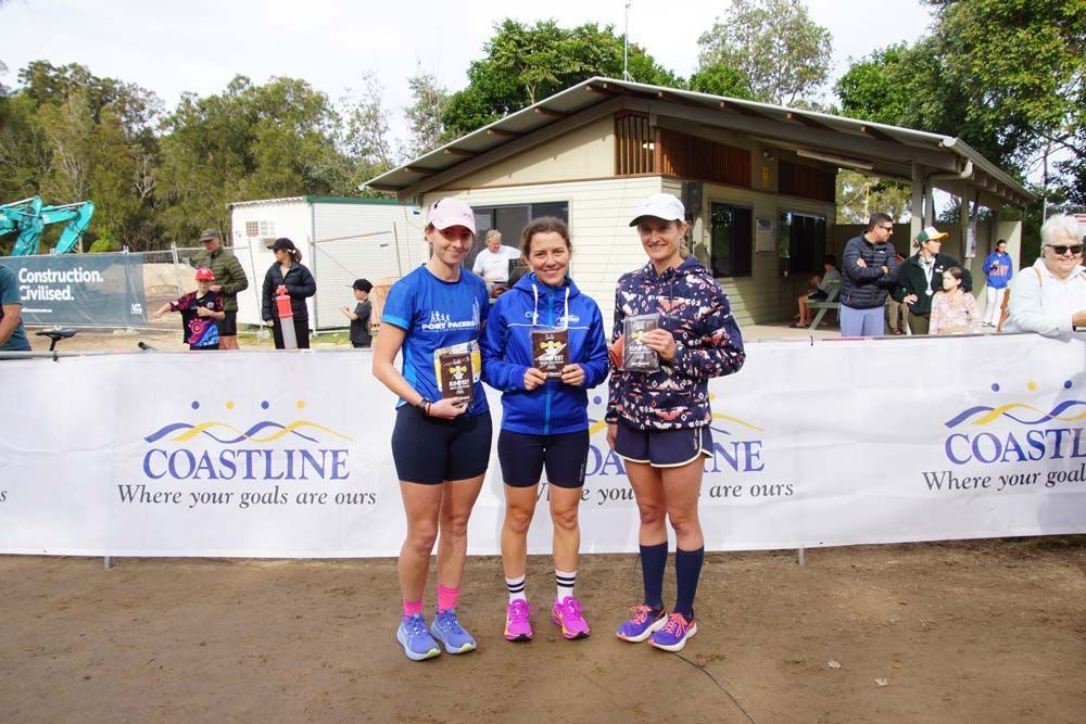 Three Women With Trophies After  Coastline Marathon — Run Fest in South West Rocks, NSW