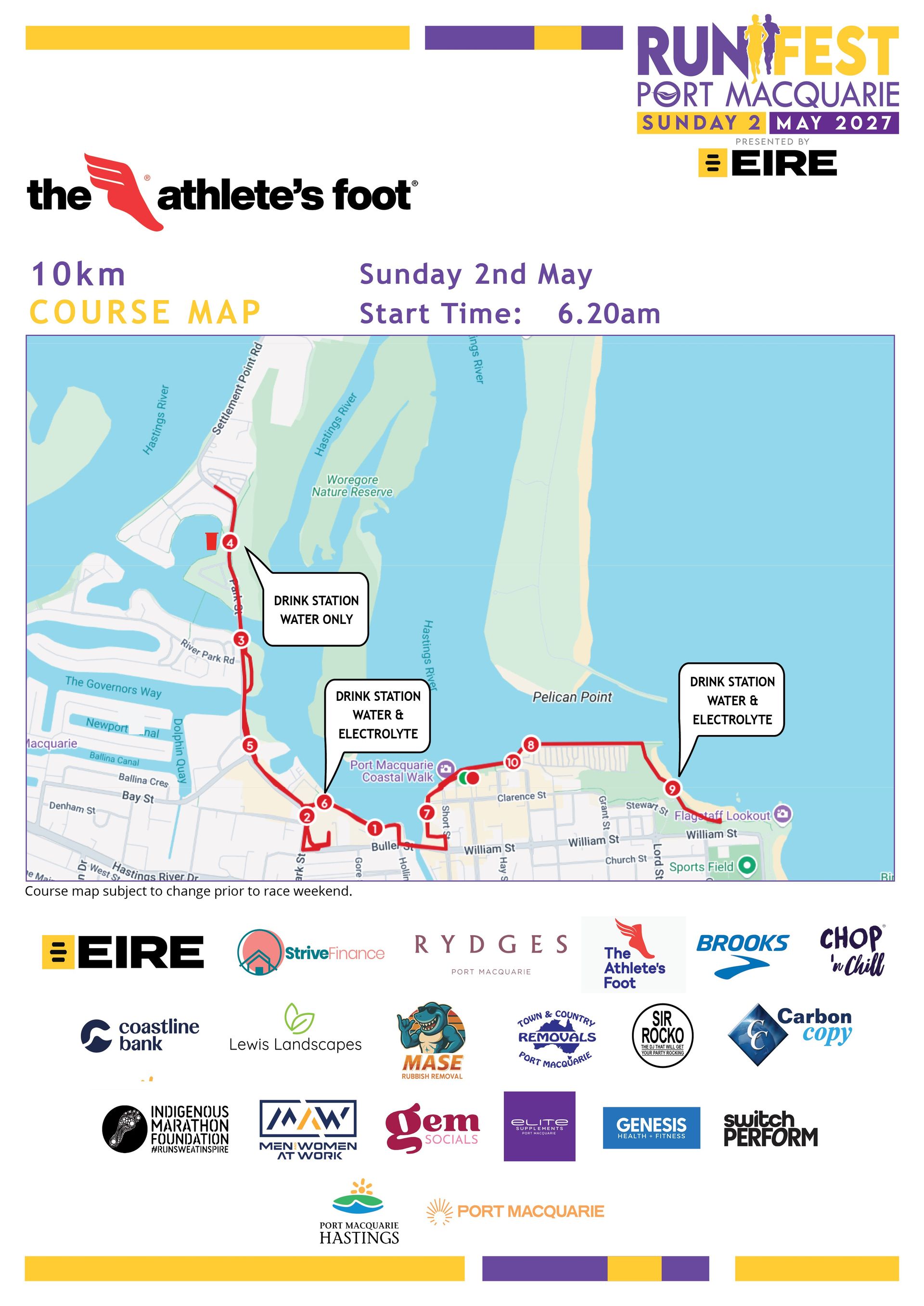 Course Map for the Athlete's Foot 10km Run in Port Macquarie — Run Fest in Port Macquarie, NSW