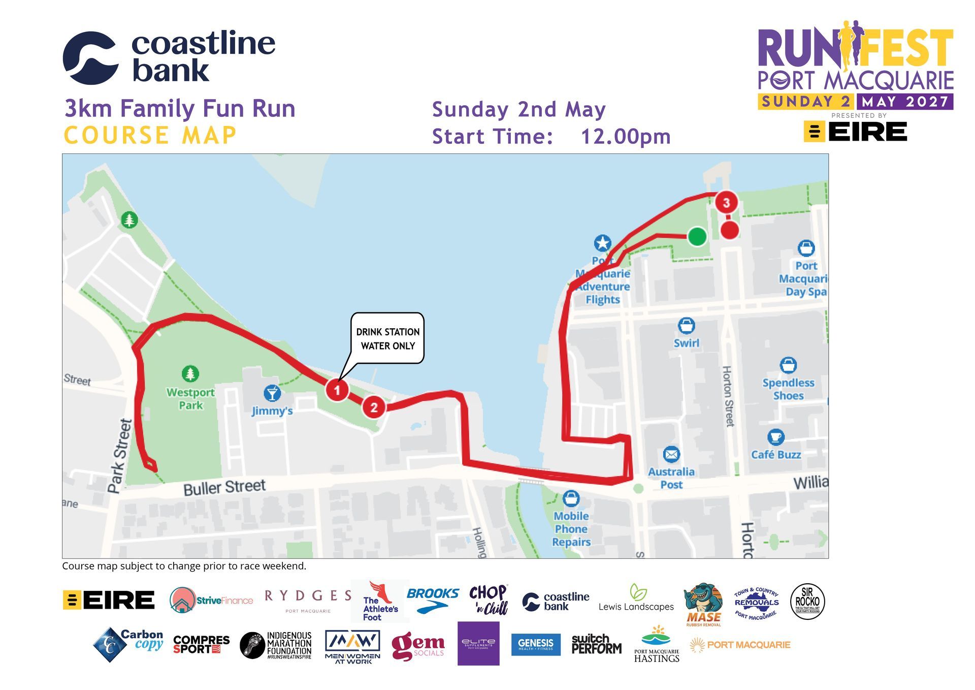 Map for the Coastline Bank 3km Family Fun Run in Port Macquarie — Run Fest in Port Macquarie, NSW