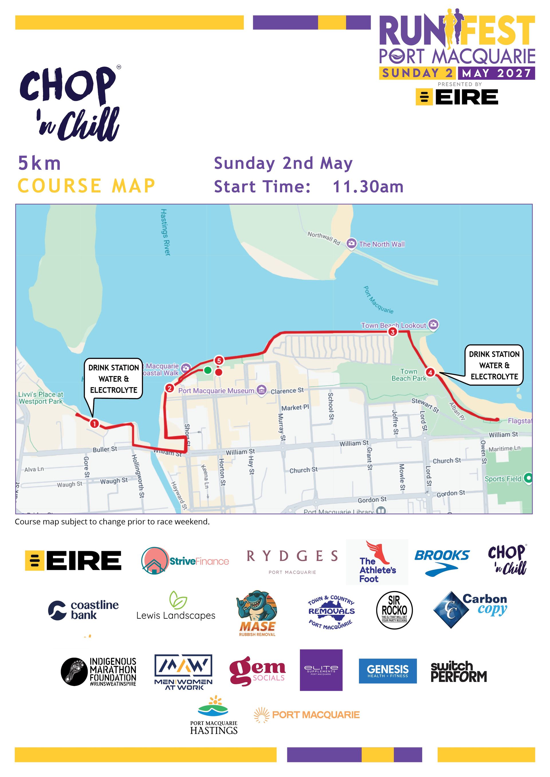 Course Map for the 5km Chop ‘n Chill Runfest Port Macquarie — Run Fest in Port Macquarie, NSW