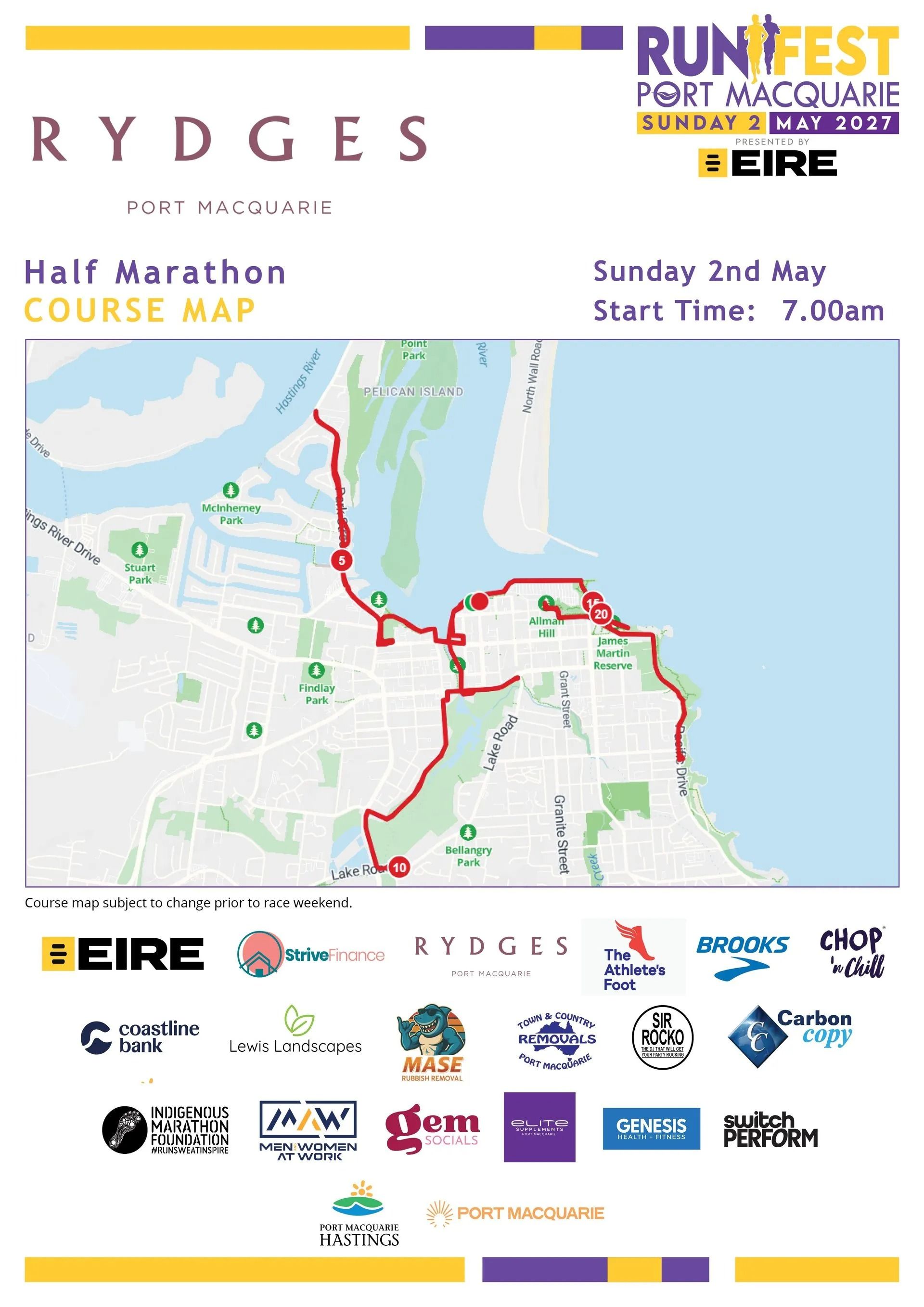 Event Flyer for the Rydges Port Macquarie Half Marathon — Run Fest in Port Macquarie, NSW