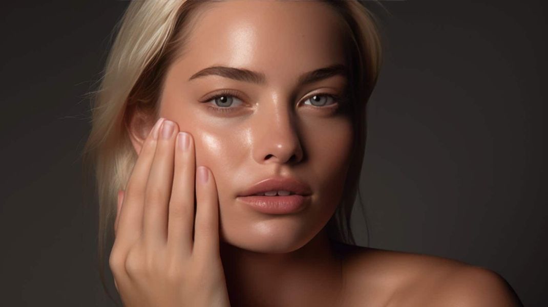 A woman is touching her face with her hand and looking at the camera.