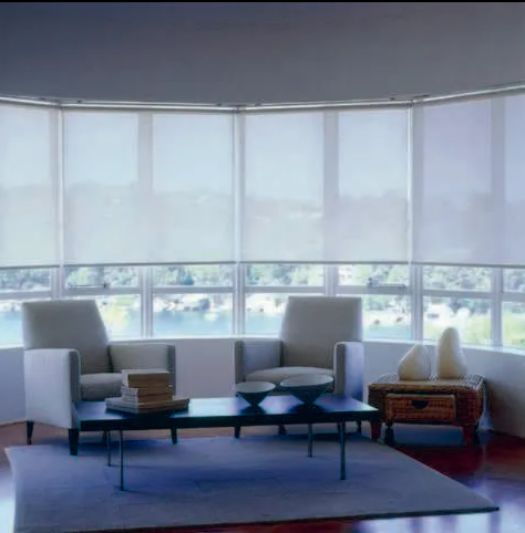 Bright Living Room With Curved Windows, Modern Chairs — NT Blinds in Yarrawonga, NT